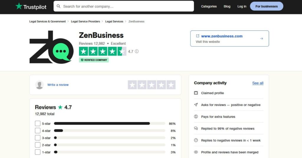 zenbusiness reviews trustpilot