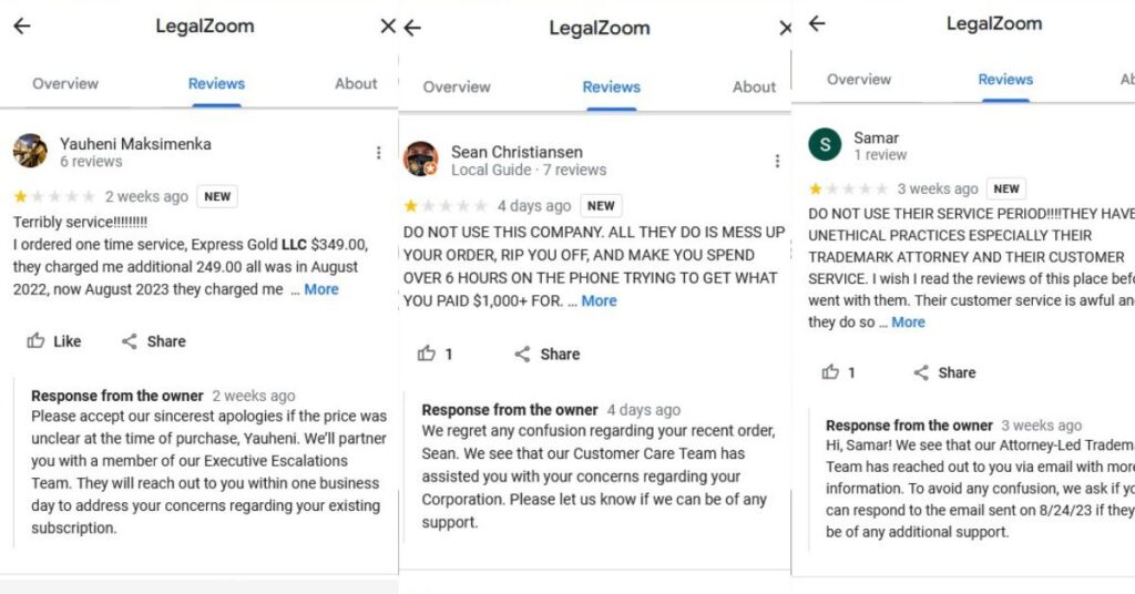 LegalZoom Google Reviews