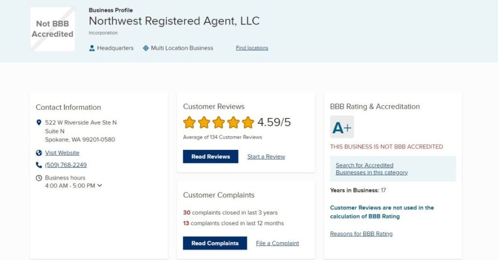 northwest registered agent reviews bbb