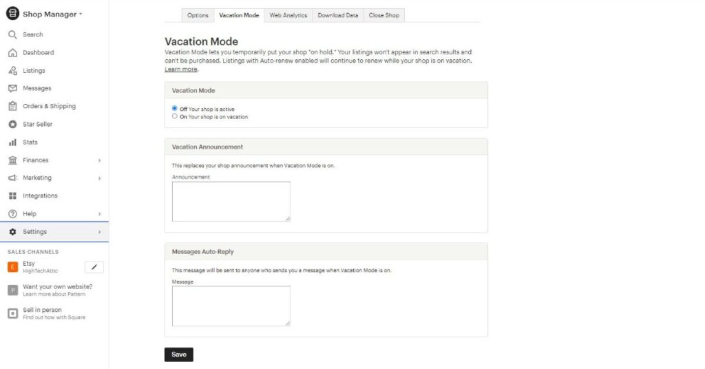 how to close etsy shop vacation mode